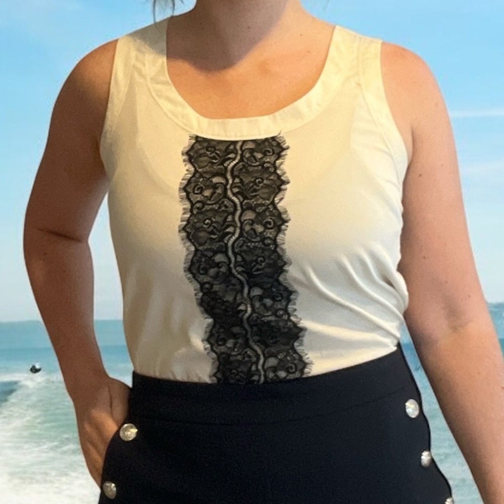 Banana Republic Nude/Cream Tank Top with Black Lace Stripe | Medium